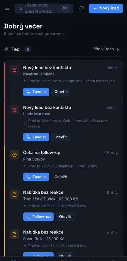 Systém pro řízení poptávek na mobilu: přehled úkolů na dnešek